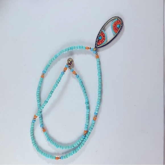 Hand Crafted Pendant Necklace Seed Beads Turquoise Orange Gold tone findings - Picture 2 of 8